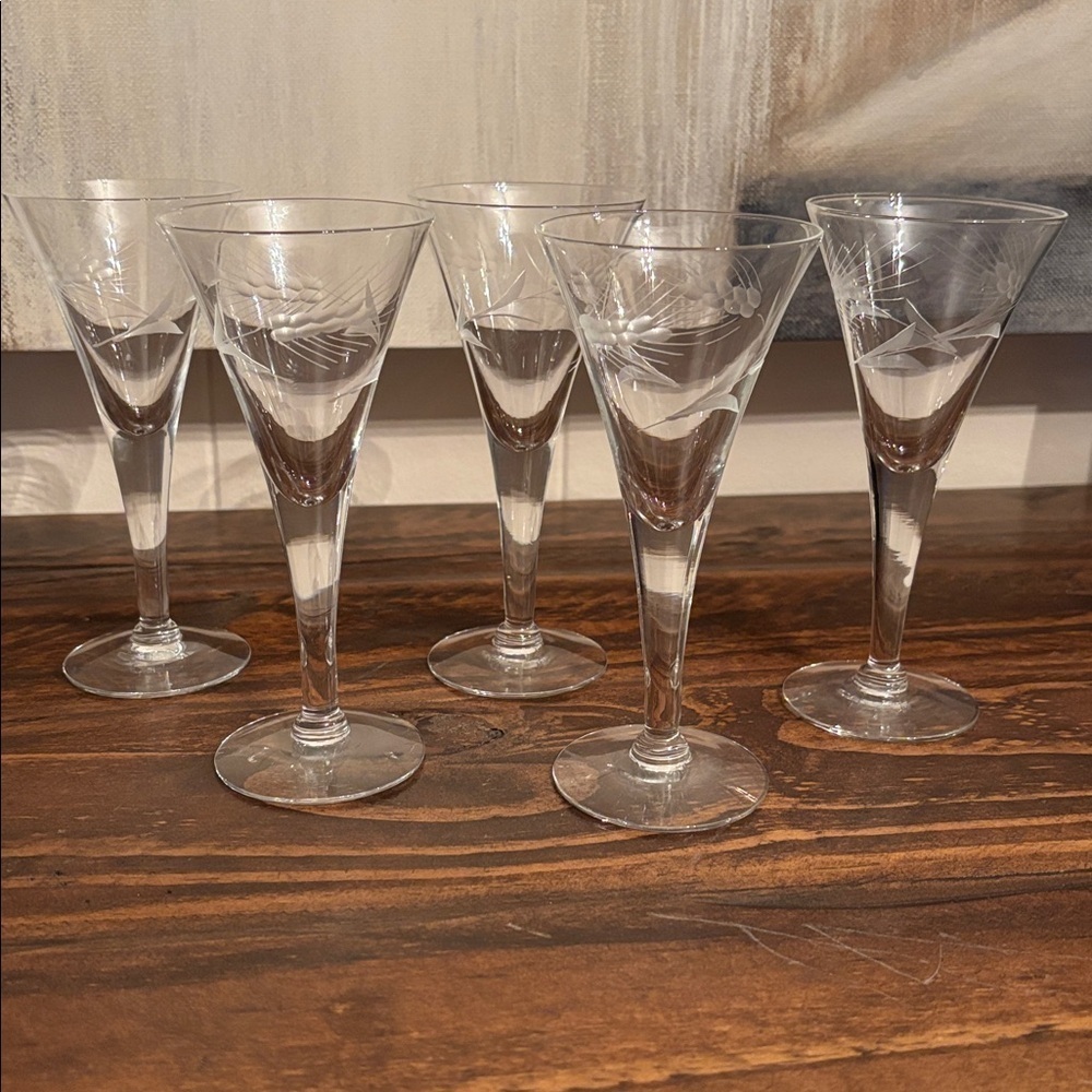 5 Vintage Javit Crystal Cordial Glasses Hand Cut Etching Pattern "Fine Wheat"